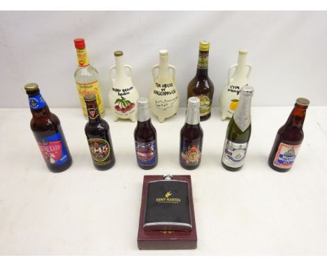 St. Simon Whisky Cream Liquor, 17%vol, 70cl, Cherry Brandy & Banana liqueur in shaped novelty decanters, another empty, & a F