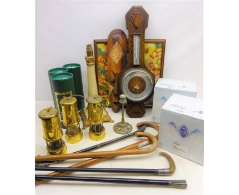 Three Hand Crafted miner's lamps, boxed, two 19th century walking sticks with silver mounts, two other walking sticks, oak ca