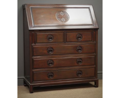 Hardwood fall front bureau, fitted interior, above two short and three long drawers, shaped apron, bracket supports, W92cm, H