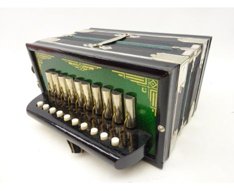 Early 20th century German 'Accordeon' black painted ten-button accordion in unused condition with original box W28cm Conditio
