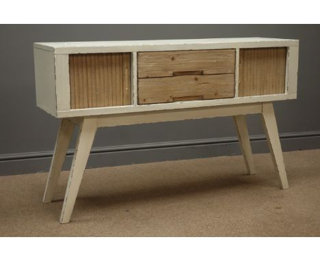 Rustic waxed paint finish and reclaimed pine television stand, centre shelf and tambour roll cupboards, W122cm, H76cm, D35cm 