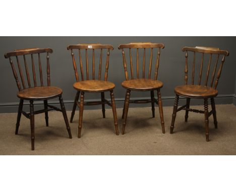 Set four Victorian dining chairs, shaped cresting rail, stick back, turned supports and stretchers Condition Report Click her