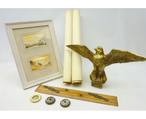 Two military Time Recorder Movements, bone cased compass, Captain Fields Improved boxwood  parallel rule, pair watercolours b