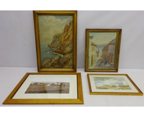 East Coast Village, watercolour signed and dated 1910 by Miles Sharp, Village Scene, photographic print after F M Sutcliffe, 