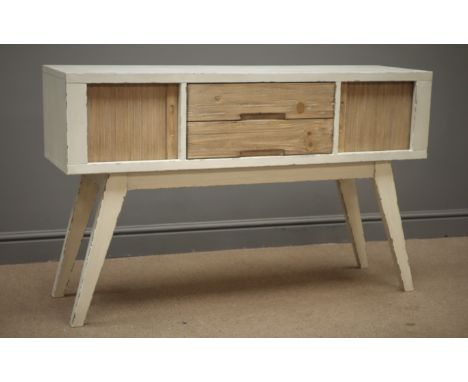 Rustic waxed paint finish and reclaimed pine television stand, centre shelf and tambour roll cupboards, W122cm, H76cm, D35cm 