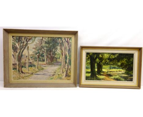 'Brompton Green', oil on board signed and dated '77 by Neville R Grey (British 20th century) titled verso 29cm x 50cm and Woo