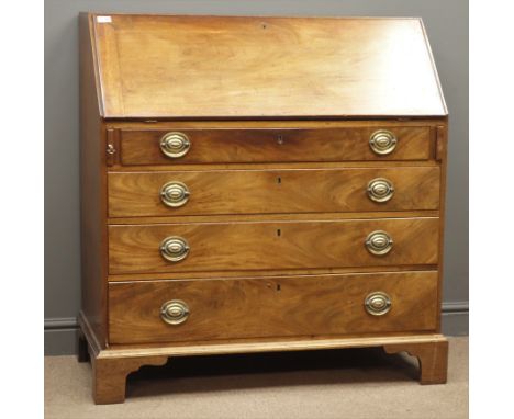 George III mahogany bureau, fall front with fitted interior, four graduating figured drawers, bracket feet, W106cm, H111cm, D