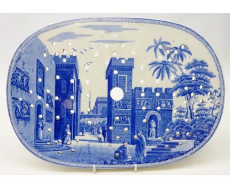 Early 19th century Spode blue and white drainer in the 'The Castle of Boudron' pattern from the Caramanian series, L37cm  Con