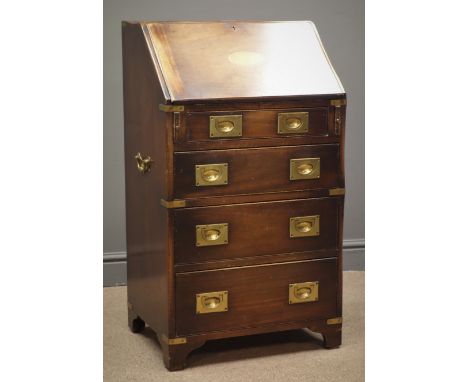 Early 20th century mahogany military style bureau, one short and three graduating drawers on bracket supports, W54cm, H95cm, 