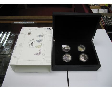 A Cased Royal Mint 2014 United Kingdom Portrait of Britain Five Pounds Silver Coin Set, comprising of £5 Buckingham Palace, £