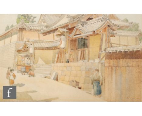 M. M. PARKER ( EARLY 20TH CENTURY) - A Japanese street scene with figures outside a temple, watercolour, signed, framed, 36cm