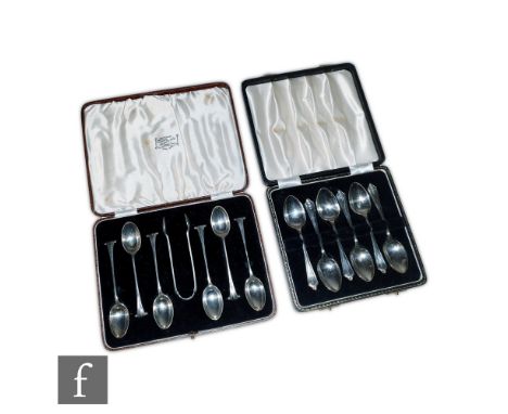 Two cased sets of silver hallmarked teaspoons, the first with foliate terminal, Birmingham 1954, Barker Brothers Silver Ltd, 