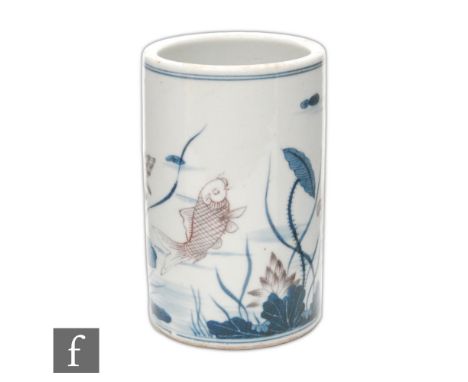 A Chinese blue and white 'Carp' brush pot, Bitong, of cylindrical form, the white glazed body decorated in underglazed blue p