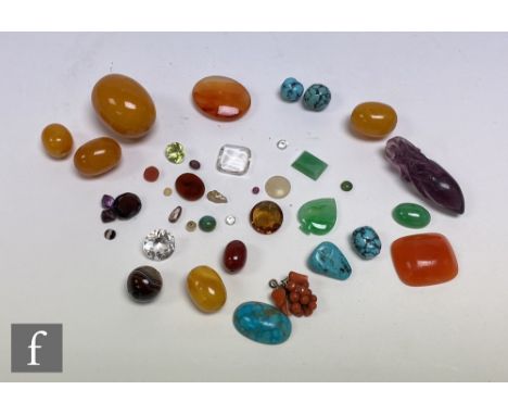A small collection of gem stones to include agates, turquoises, amber coloured beads and a worked amethyst pendant. (qty) 
