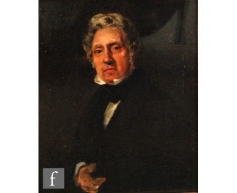 19TH CENTURY ENGLISH SCHOOL - Oil on canvas, portrait of a gentleman wearing a black cloak, unsigned, 24cm x 19cm, framed, fr