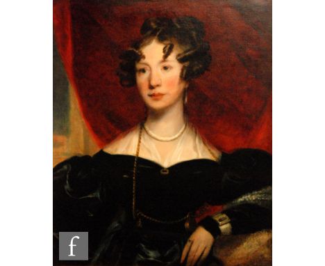 FOLLOWER  OF SIR GEORGE HAYTER (1792-1871) - Portrait of a young lady wearing a black dress and gold chain, said to be Hannah