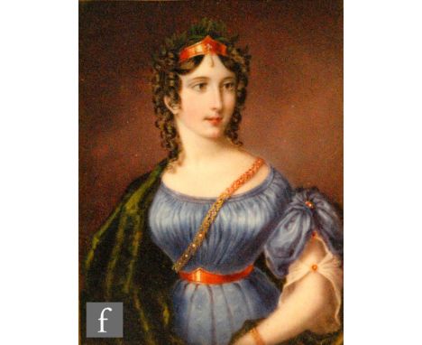 ENGLISH SCHOOL (CIRCA 1820) - Portrait of a young lady wearing theatrical robes and laurel band, three quarter length, miniat