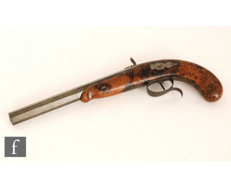 A 19th Century Percussion pistol, 9 1/4" octagonal barrel mounted to a figured walnut stock with engraved side lock and dolph