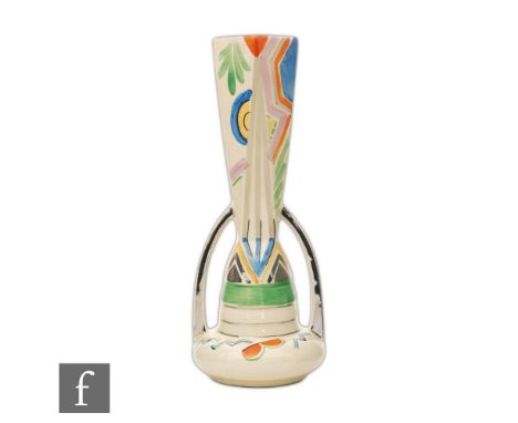 A 1930s Art Deco vase of stylised globe and shaft form with curved handles decorated with hand painted patterns and motif wit