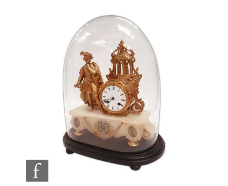 A 19th Century French overpainted gilt mantle clock, the alabaster mounted with a figure wearing a plumed hat near the moveme