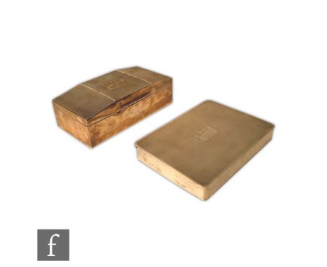 Two silver hallmarked cigarette boxes, to include an Art Deco example of rectangular form with engine turned decoration and c