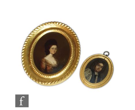 ENGLISH SCHOOL (CIRCA 1800) - Portrait of a lady wearing a red dress and choker, oil on convex panel, oval, framed, 17cm x 13