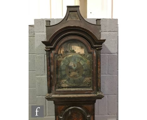 An 18th Century chinoiserie lacquered longcase clock with an eight-day movement, the pagoda shaped hood enclosing a brass 12 