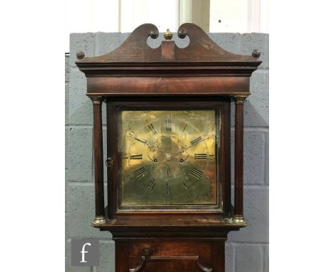 An 18th Century oak and mahogany cross-banded longcase clock with a later associated eight-day movement, the twin pillared ho