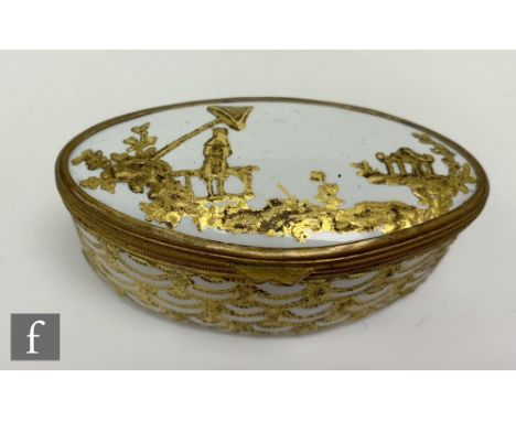 A late 18th to early 19th Century French enamel box of oval section, decorated in gilt over white with a Chinoiserie scene wi