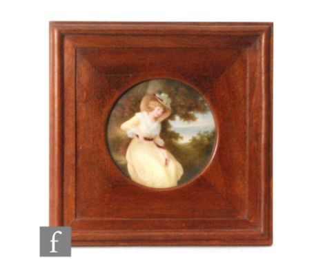 An early 20th Century circular porcelain panel decorated by Leslie Johnson with a hand painted portrait of Lady Elizabeth Fos