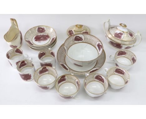 A Minton part tea and coffee service, circa 1810, bat printed with shells and gilded (18).