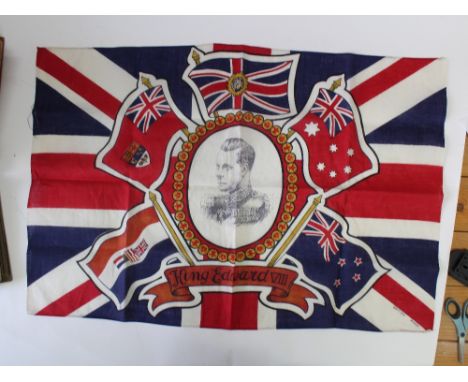 A Union Jack celebrating King Edward VIII, decorated with his portrait surrounded by five Commonwealth flags, 60 x 85cm.