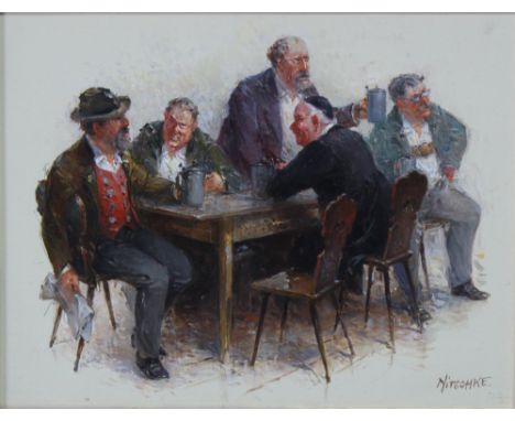 Nitschke (European, 20th Century), People drinking, signed 'Nitschke' (lower right), oil on panel, 15 x 19.5cm.