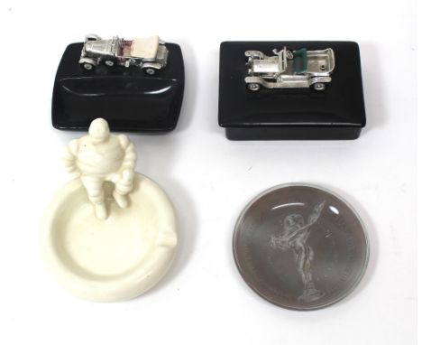 A Ceramic Michelin man ashtray, 12cm diameter, a glass ashtray printed with an image of the Spirit of Ecstasy car mascot, a c