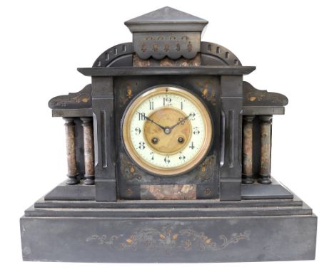 A Victorian black and variegated marble mantel clock in architectural style case, 43.5cm wide.