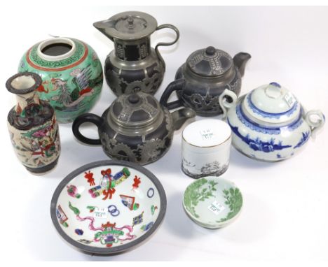 A Chinese pewter overlaid black glazed three piece tea service, first half 20th century and eight other items of Asian cerami