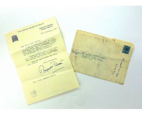 Margaret Hilda Thatcher, Baroness Thatcher (1925 - 2013 ): a typed letter on House of Commons note paper dated 11th February 