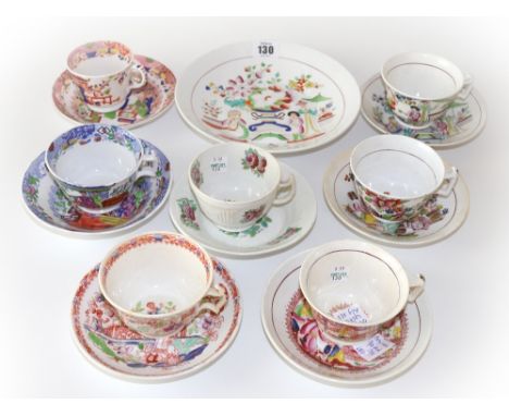 A Hilditch & Son part tea service, circa 1820, printed and coloured with The Lady with the Lyre pattern, eight pieces and a c