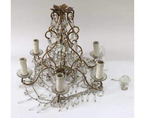 A gilt metal and cut glass six light chandelier, 20th century, with scrolling branches, approximately 45cm across.