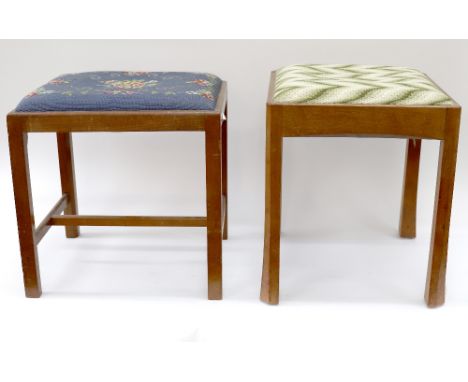 A square walnut frame dressing stool, labelled Brynmawr Furniture, with upholstered drop in seat, on splayed canted corner re