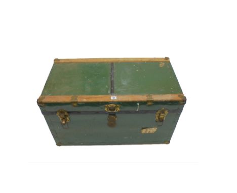 A Vintage metal covered cabin trunk with wooden battens, 87cm wide.