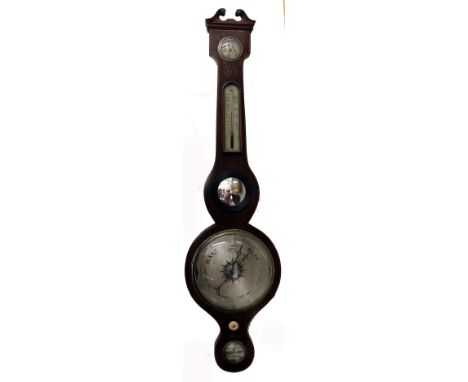 An early 19th century mahogany boxwood and ebony strung wheel barometer, thermometer and hygrometer, with circular convex mir