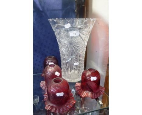 A SET OF FOUR "CRANBERRY" ELECTRIC LIGHT SHADES and a large cut glass vase