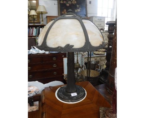 AN EARLY 20TH CENTURY AMERICAN CAST METAL TABLE LAMP, with inset mottled glass panels to the dome top, marker's name, "MILLER