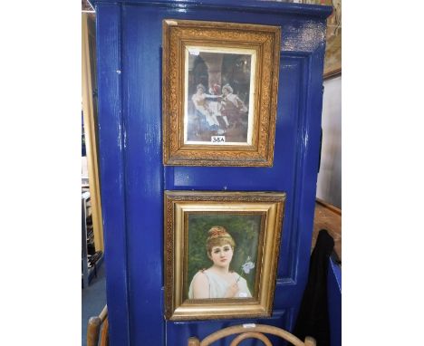 AN EARLY 20TH CENTURY CONTINENTAL CERAMIC PLAQUE decorated with a portrait of a young woman and a similar painting on glass o