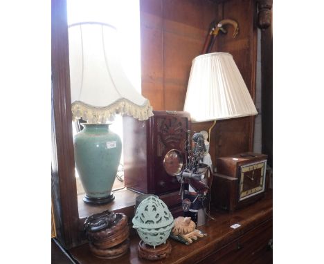 A 1930S MANTEL CLOCK, table lamps and sundries