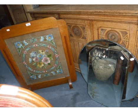 A 1930S ASH FIRE SCREEN with a needlework panel and two Vintage wall mirrors (3)