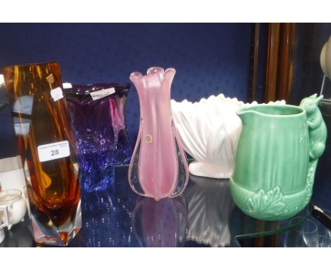 A PINK MURANO GLASS VASE, two similar, a green Sylvac squirrel jug and a similar vase (5)