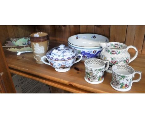 A ROYAL WINTON LUSTRE DISH, a pair of 19th century ceramic tankards and similar ceramics