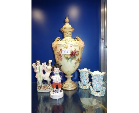 A ROYAL WORCESTER BLUSH IVORY VASE (examine), a pair of Victorian spill vases and two Staffordshire figures (5)